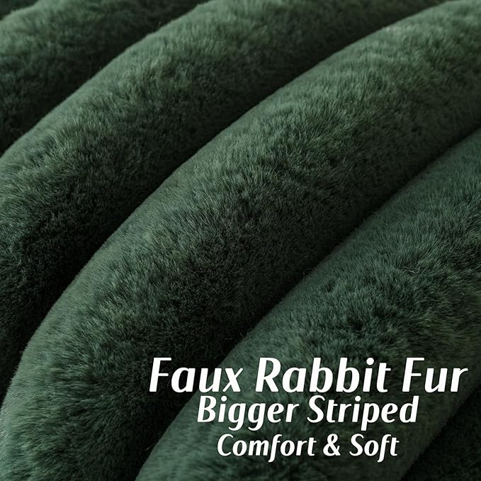 FUTEI Christmas Dark Green Decorative Throw Pillow Covers 26x26 Inch Set of 2, Square Soft Faux Rabbit Fur Thick Striped Euro Pillow Shams,Winter Home Decor for Couch Bed Living Room