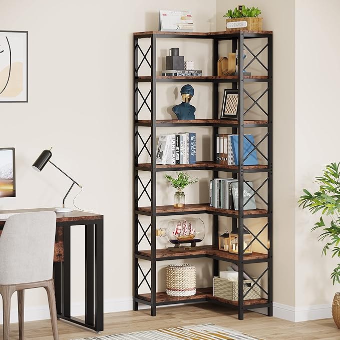 Tribesigns 7-Shelf Corner Bookshelf,Large Modern Corner Bookcase, 7-Tier Tall Corner Shelf Storage Display Rack with Metal Frame for Living Room Home Office (Rustic Brown)