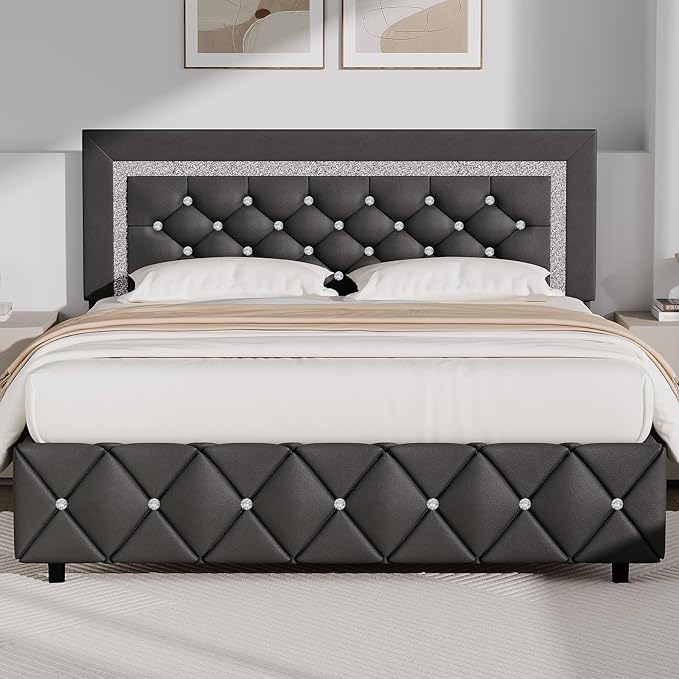 BarnFurin Queen Bed Frame with Diamond Tufted Headboard, Faux Leather Upholstered Bed with Wooden Slats Support, No Box Spring Needed, Mattress Foundation, Easy Assembly, Grey