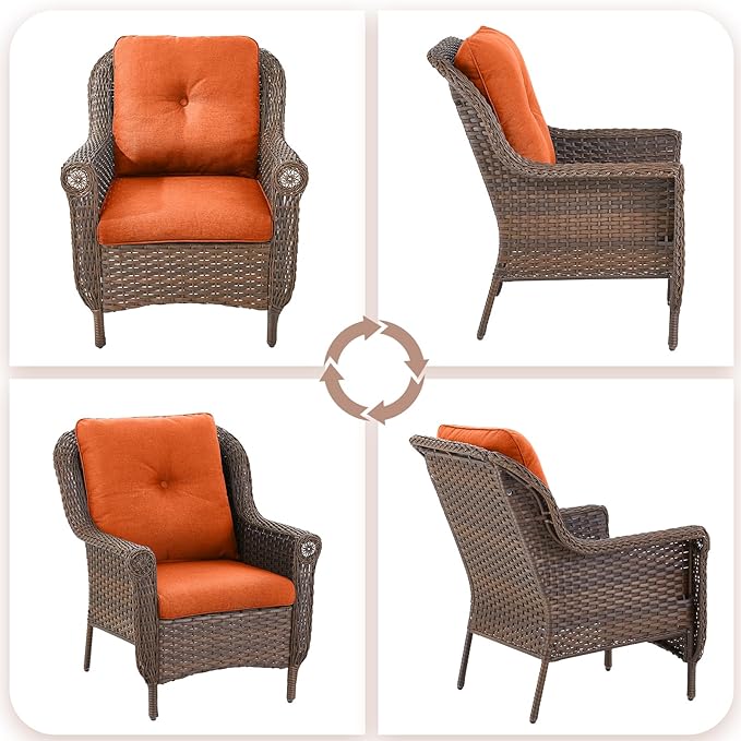 Patio Wicker Chairs Outdoor Furniture Chair - Set of 4 Outside All Weather Lawn Dining Brown Rattan Armchair with High Back&Deep Seating for Deck Porch Balcony Backyard Garden - Orange