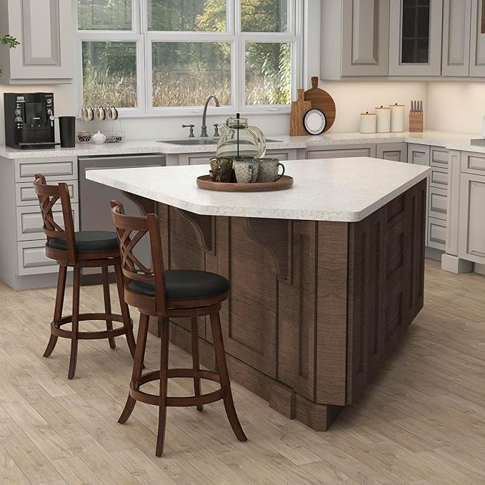 COSTWAY Bar Stool Set of 2 for Kitchen Island, Swivel Upholstered Bar Height Barstools with PU Surface, Rubber Wood Frame, 360° Rotatable Seat, Curved Back, Sturdy Footrest (2, 29" Seat Height)