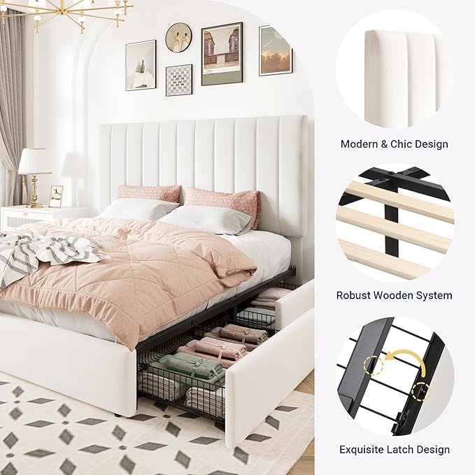 Allewie Full Size Storage Bed Frame, Vertical Channel Tufted Adjustable Headboard, Velvet Upholstered Platform Bed with 4 Oversized Underbed Drawers, Wooden Slats Support, No Box Spring Needed, White