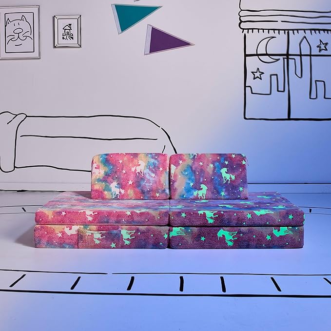 YOURIGAMI Kids and Toddler Play Couch, Convertible Folding Sofa, Durable Foam Modular Design, Glow in The Dark Unicorn