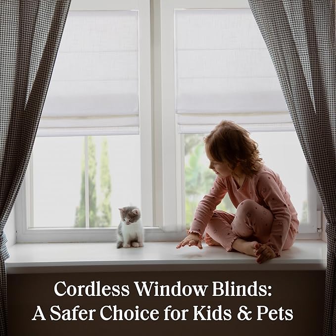 Madison Park Kyler Cordless Roman Shades - Single Panel, Lightweight Linen Blend Fabric, Natural Design, Easy Installation, Light Filtering Window Blind, Bedroom, Living Room Decor 35"W x 64"H White