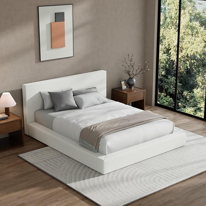 RECCI Cloud Upholstered Queen Bed Frame with Headboard, 5 Inch Foam Padded Platform, No Box Spring, Easy Assembly (Off-White)