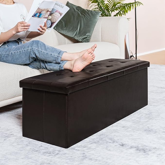 PINPLUS Folding Storage Ottoman Bench, Brown Faux Leather Long Storage Chest Footstool Seat, Bench for Bedroom and Hallway, 43.3"x15.7"x15.7"