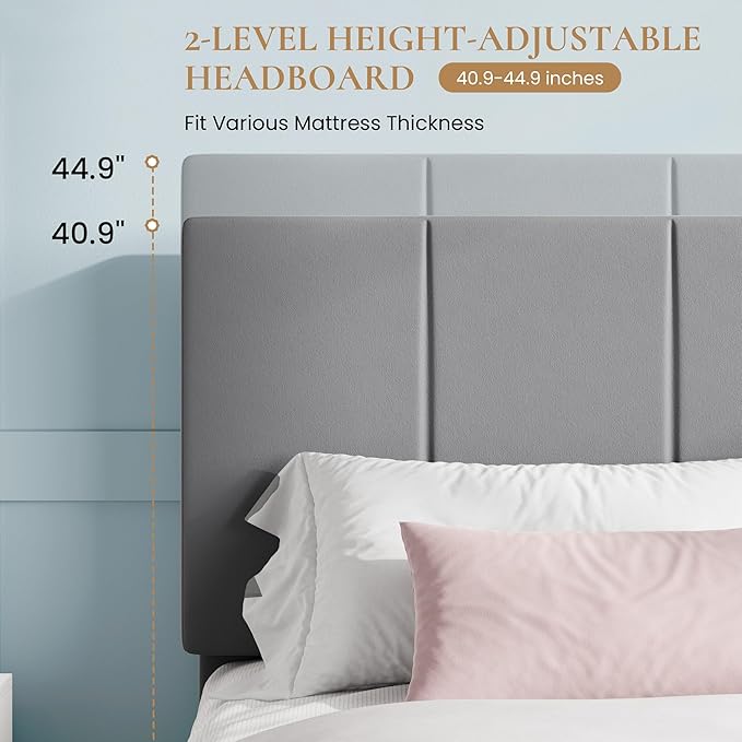 SHA CERLIN Full Size Bed Frame, Velvet Upholstered Platform Bed, Vertical Channel Tufted Adjustable Headboard, Low Profile Bed Frame, No Box Spring Needed, Easy Assembly, Grey