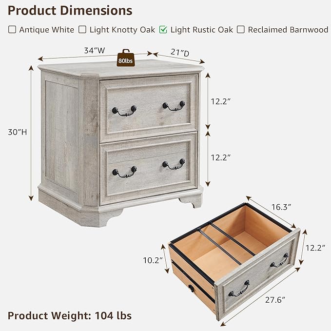 T4TREAM 34" Lateral File Cabinet with 2 Drawers, Farmhouse Filing Cabinet with 34" Wide Wooden Tabletop & Smooth Rails, Holds Letter/Legal, Hexagonal Design & Framed Drawer Fronts, Light Rustic Oak