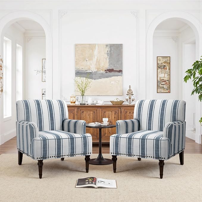 Pia Ricco Stripe Accent Chair-Modern Nailhead Trim & Wood Legs Armchair - Comfy Living Room, Bedroom, or Home Office Seating-Blue