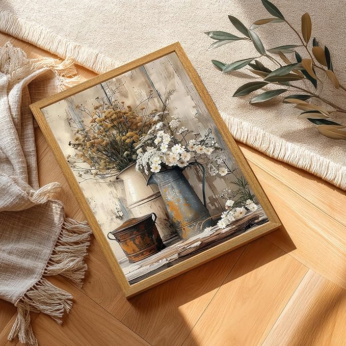 HLXRAE Rustic Farmhouse Bathroom Wall Art, Vintage Country Floral Still Life Wall Decor, White Daisy Canvas Painting, Shabby Chic Flower Poster Print for Bedroom Kitchen Wood Framed 16x24 inch