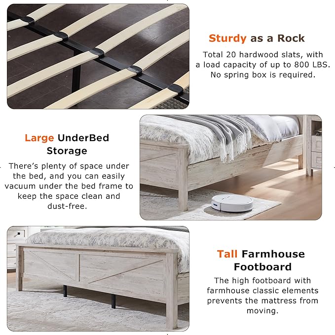 T4TREAM Farmhouse Queen Size Bed Frame w/Storage Bookcase Headboard, Sliding Barn Door, Charging Station, Rustic Wood Platform Bed w/Wood Slats Support, No Box Spring Needed, Antique Brush White