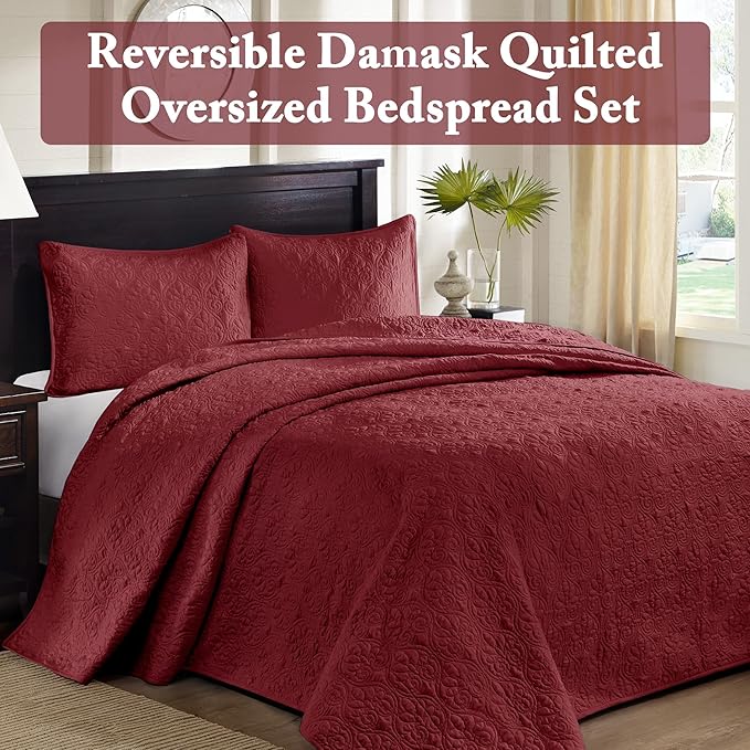 Madison Park Quebec Queen Size Quilt Bedding Set - Red , Damask – 3 Piece Bedding Quilt Coverlets – Ultra Soft Microfiber Bed Quilts Quilted Coverlet