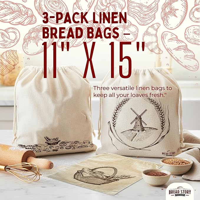 Linen Bread Bag – Reusable Linen Bags for Homemade Bread & Sourdough | Cloth Bags for Sourdough, Artisan Loaves, & Pastries | Unbleached Natural Fabric with Drawstring Closure, 3-Pack, 11 x 15"