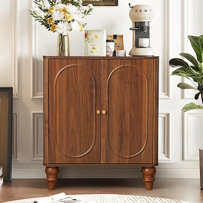 ORRD Fluted Storage Cabinet, Modern Credenza Wooden Accent Sideboard Buffet Cabinet Set of 2 with Adjustable Shelves and Solid Wood Legs, Console Table for Kitchen Dining Living Room Entryway, Walnut