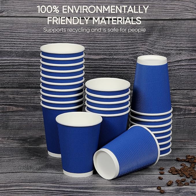 Disposable Blue Coffee Cups 12 oz 20 Pack, Paper Coffee Cups 12 oz for Hot Drinks or Cold Beverages, Insulated Corrugated Ripple Wall Cup for Office, Cafe, Home or Travel