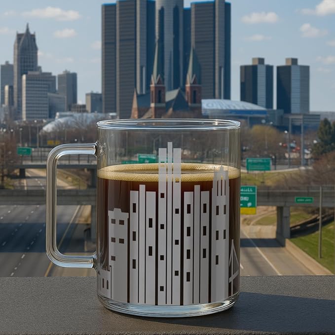 Greenline Goods – Detroit, MI Skyline Glass Coffee Mugs (Set of 2), 15 oz – Etched Wrap Design