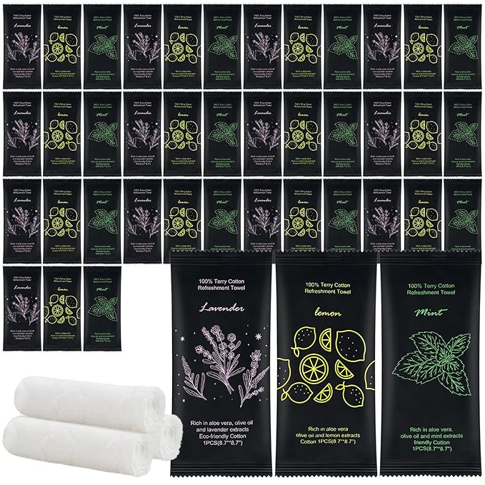 Moist Cotton Towel Bulk Moist Towelettes Individually Wrapped 8.7" x 8.7",White Towel Services,Refreshment Pre Moistened Towels Lavender, Lemon and Mint for Sport Party Spa （pack of 30)