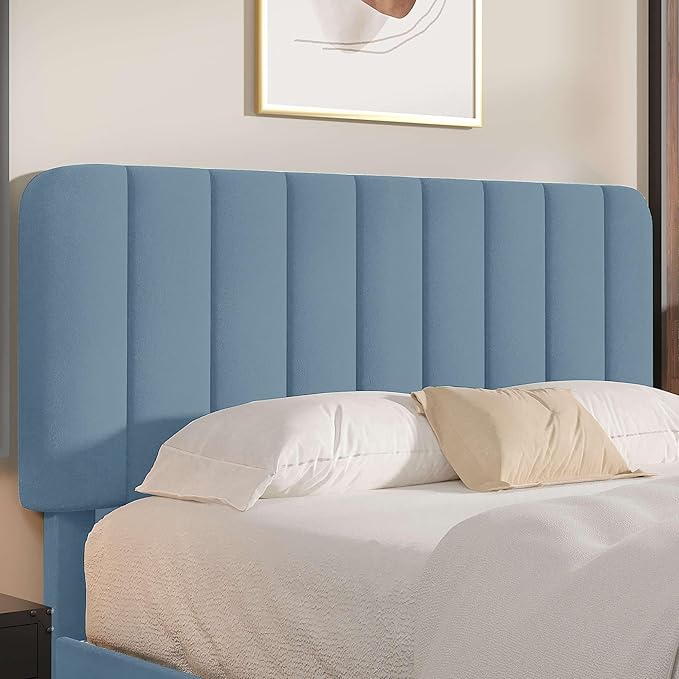 VECELO Queen Size Bed Frame with Upholstered Headboard, Velvet Platform Bedframe Mattress Foundation, Strong Wood Slat Support, No Box Spring Needed,Sky Blue