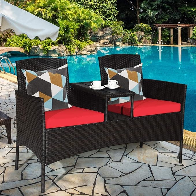 COSTWAY 2-Seat Patio Conversation Sets, Outdoor Patio Loveseat Set with Removable Cushions & Built-in Coffee Table for Backyard, Garden, Lawn, Balcony, Brown+Red