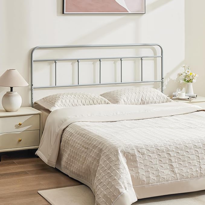Metal Headboard Queen Size, Sturdy and Durable Iron Queen Headboard Only Adjustable Height from 34” to 44”, Victorian Vintage Bed Headboards, Farmhouse Head Board, Bed Frame Mount Grey