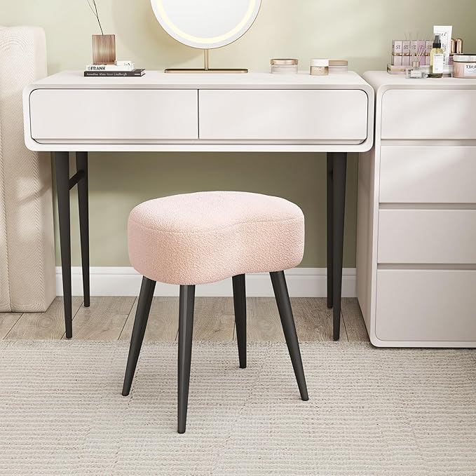 White Vanity Stool, Soft Makeup Stool with Solid Metal Legs for Vanity Corner, Morden Footrest Easy to Assembly (Pink)
