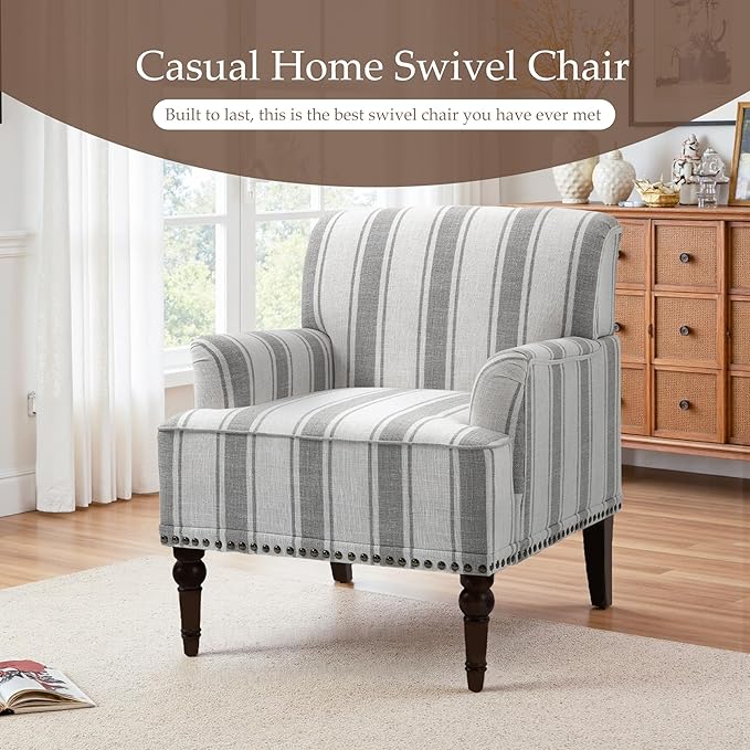 Pia Ricco Stripe Accent Chair-Modern Nailhead Trim & Wood Legs Armchair - Comfy Living Room, Bedroom, or Home Office Seating-Gary