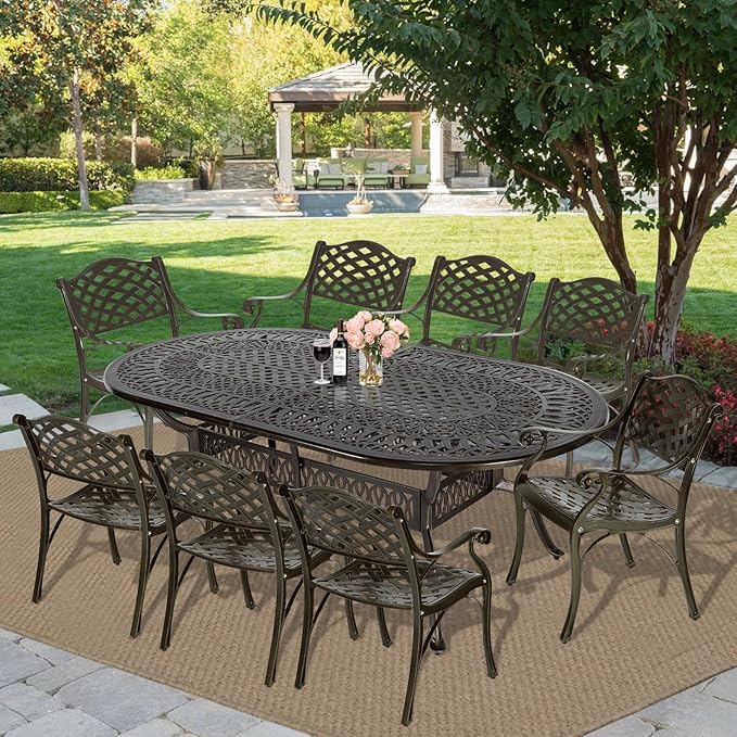MEETWARM 9-Piece Outdoor Patio Dining Set, 8 Outdoor Dining Chairs and 1 Oval Table with 2" Umbrella Hole, All Weather Cast Aluminum Patio Funiture Set for Backyard, Garden, Patio
