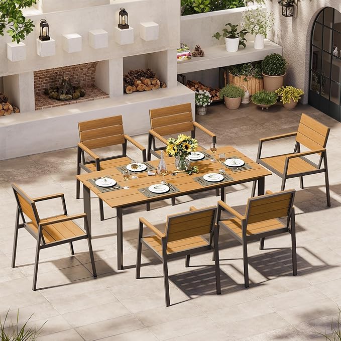 67" Rectangle HDPS Patio Dining Table, Aluminum Outdoor Patio Dining Table with Umbrella Hole, Weather-Resistant for Lawn, Garden, Yard, Poolside and Indoor Use, Gray & Teak