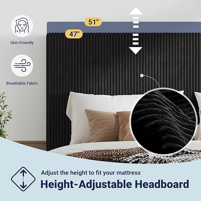 Allewie Full Size Upholstered Bed Frame with Vertical Channel Tufted Headboard, Soft Corduroy Fabric Platform Bed, Strong Wooden Slats Support, Easy Assembly, No Box Spring Needed, Black