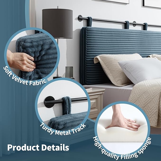 UEV Queen Headboard Only, Wall Mounted Hanging Upholstered Bed Head Board, Modern Vertical Channel Design of Fine Flannel, Elegant Blue Fluted Headboard for Bedroom (Lake Blue, Queen Size)