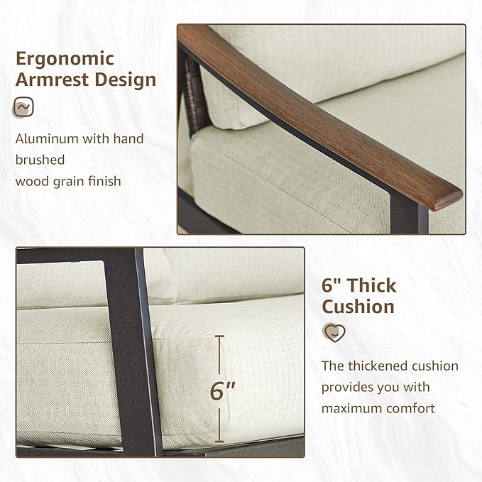 NATURAL EXPRESSIONS Patio Sofa Outdoor Furniture Metal Chair with Wicker Backrest & 6 Inches Cushion for Front, Porch, Deck, Balcony, Backyard, Sunroom, 51.5"(L) x 29.75"(W) x 33.86"(H).