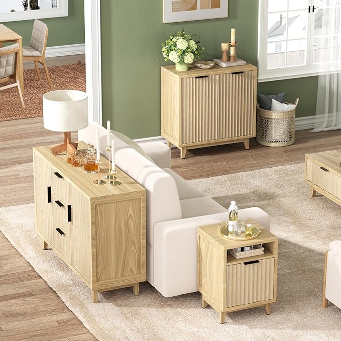 47.2" W Storage Cabinet with 3 Drawers, Fluted Buffet Cabinet with Storage, Large Sideboard Cabinet with 2 Door, Modern Mid Century TV Stand Coffee Bar Cabinet for Living Room, Kitchen, Entryway