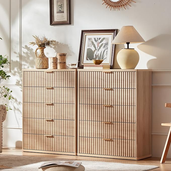 LEYAOYAO Fluted 5 Drawers Dresser for Bedroom, 41" Tall Modern Chest of Drawers with Metal Handle, Curved Profile Farmhouse Closet Organizer Wood Dressers TV Stand for Living Room, Hallway