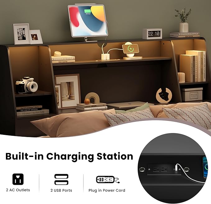 Queen/Full Headboard Queen Size with Storage, Wood Bookcase Headboard with Charging Station & 2 LED Lights, Modern Headboard Only for Queen Size Bed, Noise-Free, Sturdy and Durable, Black