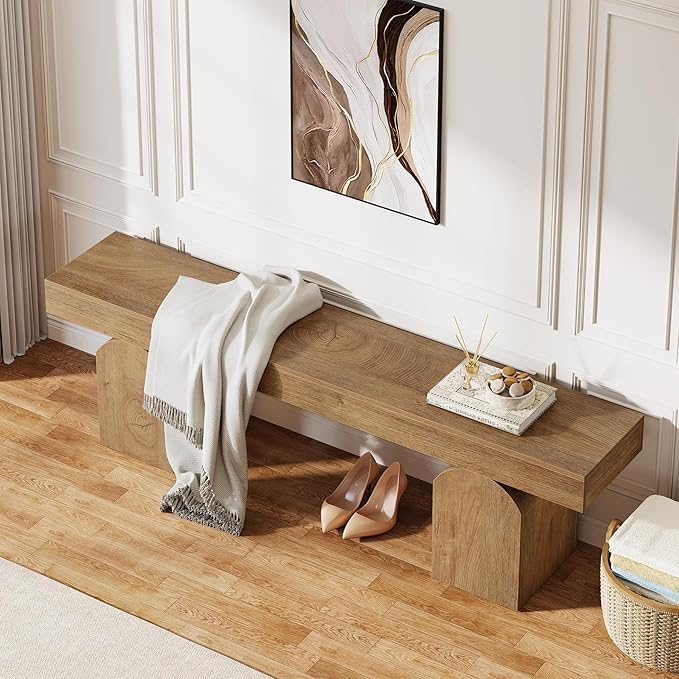 Tribesigns Entryway Bench, 59" Long Shoe Bench with Arched Bases, Wooden Indoor Bench for Entry Way, Living Room, Bedroom (Brown)