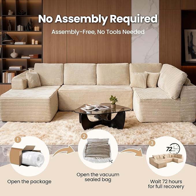 Cloud Sectional Couch with Chaise, Boneless U-Shaped Cloud Couch with Deep Seat, Soft Plush Modern Minimalist Sofa, Assembly Free Modular Floor Sofa for Office Living Room Apartment, Beige