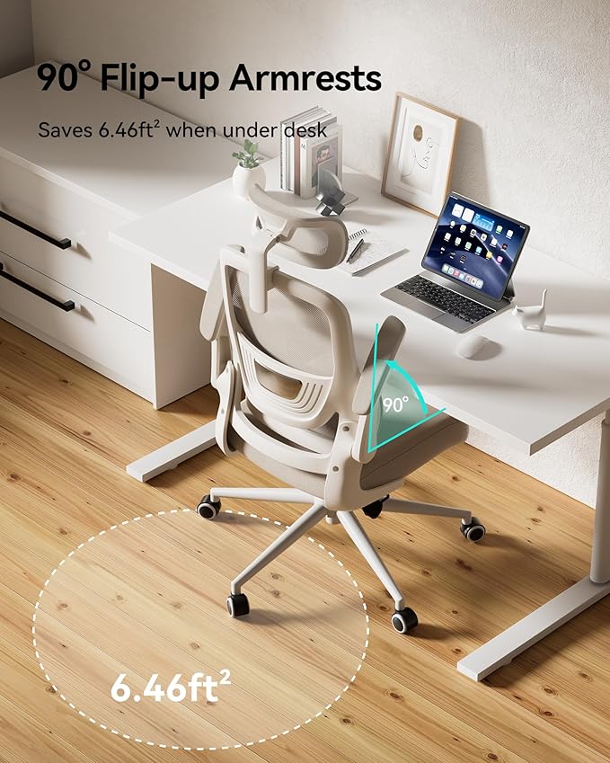 Hbada P1 Ergonomic Office Chair with 2D Lumbar Support & Adjustable Headrest - Heavy Duty 300lbs Capacity, 102° Reclining, Foldable Arms, Thick Cushion - Perfect for Home Office Chair, White