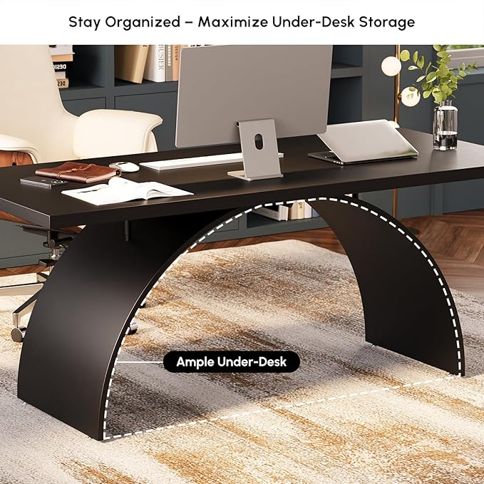 homary 70.9" Industrial Executive Desk, Black Top Desk Modern Home Desk with Arched Design Legs for Study, Office, Home Office