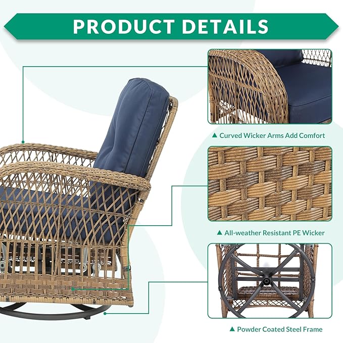 VIVIJASON 7-Piece Outdoor Patio Wicker Conversation Sets, All Weather Outdoor Rattan Furniture Set Includes Glider Loveseat, 2 Rocking Chairs, 2 Swivel-Gliders Chairs, 2 Coffee Table, Navy Blue
