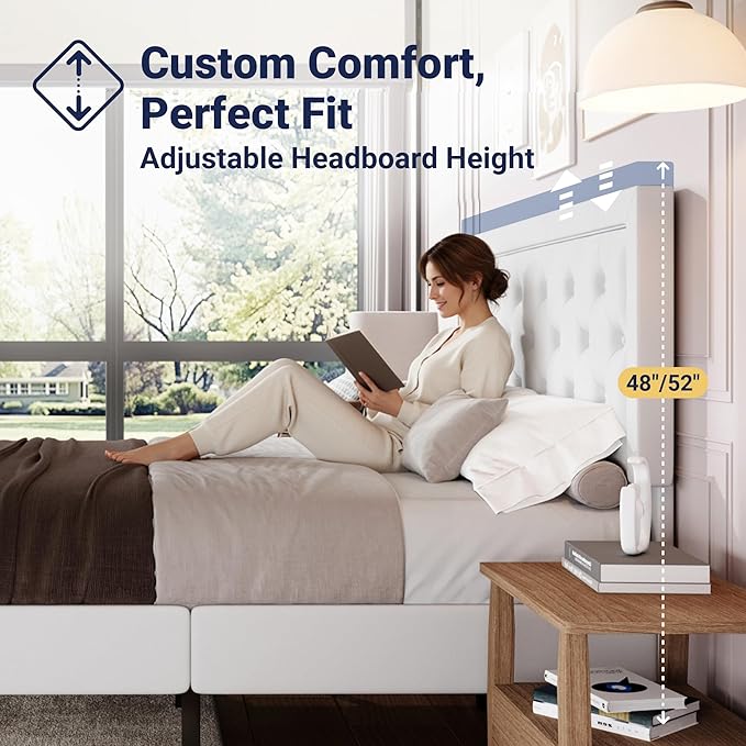 Allewie Full Size Velvet Upholstered Bed Frame with Adjustable Headboard, Diamond Tufted Design, Wood Slat Support, Noise-Free EVA Strip, Easy Assembly, White