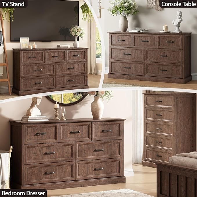 Farmhouse 7 Drawer Dresser for Bedroom, 55 Inch Wide Modern Brown Dresser TV Stand with Large Drawers & Bar Handles, Rustic Wood Chest of Drawers for Bedroom