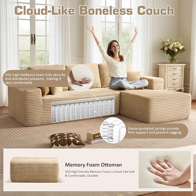 106" Cloud Sectional Couch with L-Shape Chaise & Ottoman, No Assembly Modular Sofa, Deep Seat Plush Corduroy Boneless Couched for Living Room (Beige Plush Corduroy, Right Facing Chaise with Ottoman)