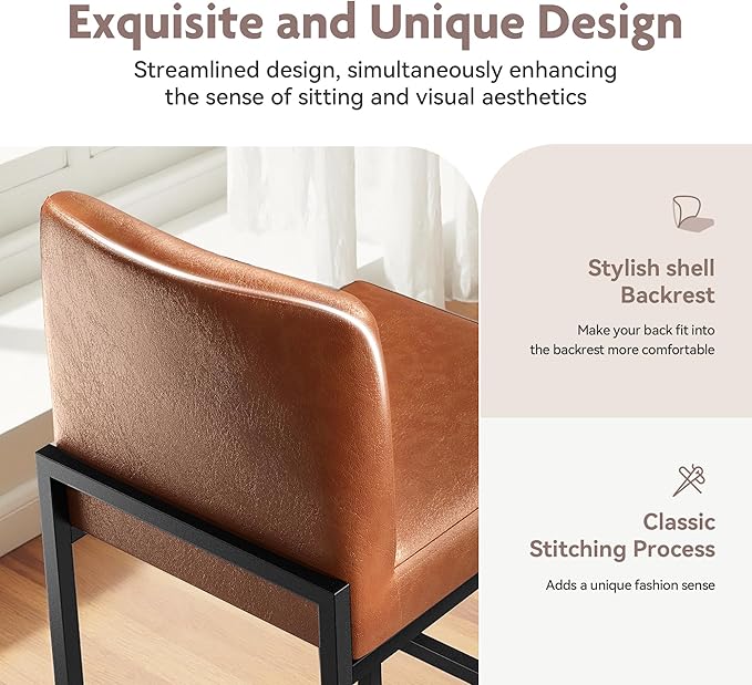 ALPHA HOME 24 Inch Bar Stools Set of 4, Kitchen Counter Stools with Backs, PU Leather Barstools, Kitchen Stools with Back&Upholstered Footrest, Sturdy Chromed Metal Steel Frame, Brown