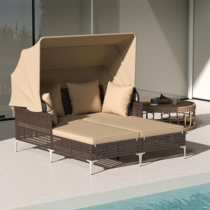 HAPPYGRILL Outdoor Daybed with Retractable Canopy, PE Wicker Rattan Patio Double Chaise Lounger with Cushions, Outside Sunbed Furniture for Garden, Poolside and Backyard (Beige)