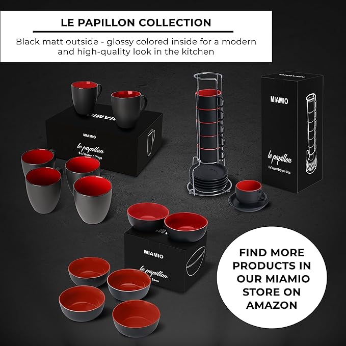 MIAMIO - 2.5 oz Espresso Cup Set with Saucers Coffee Mug Set of 6 - Ceramic Coffee Mug Stackable Espresso Mug with Stand for Coffee Drinks, Latte, Cafe Mocha - Le Papillon Collection (Red)