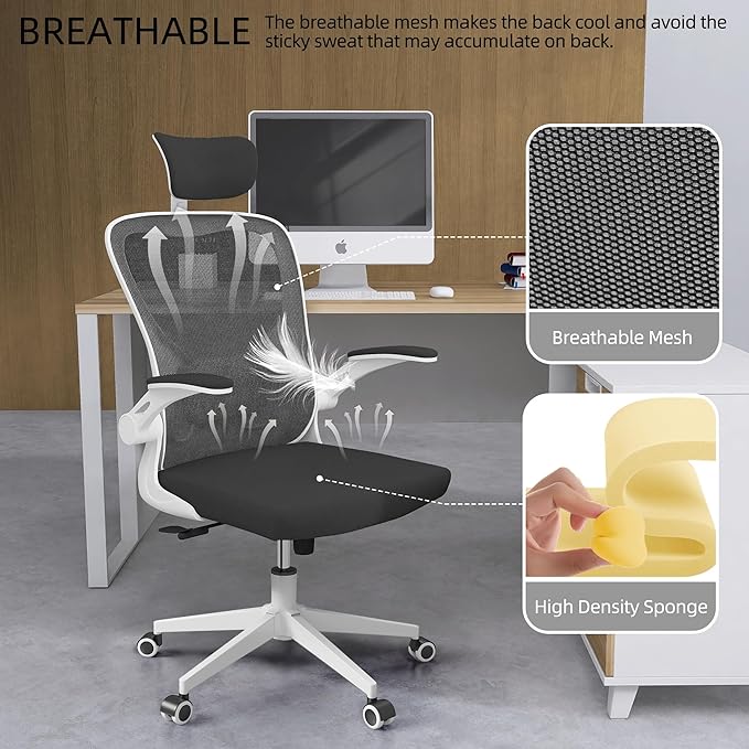 Ergonomic Office Chair, High-Back Mesh Computer Desk Chair with Adjustable Height, Lumbar Support, Flip-Up Armrests,headrest，and Swivel Rolling Design for Home and Office Use