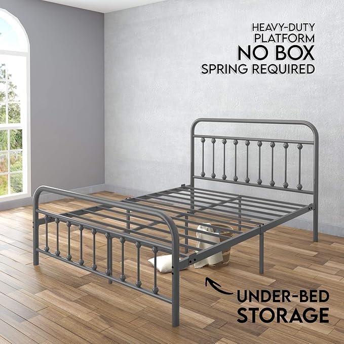 Golden Gate Beds Vintage Style Metal Bed Frame with Wrought Iron Headboard and Footboard, Classic Platform Bedframe Storage, No Box Spring Needed, Mattress Foundation, Silver, Queen Size