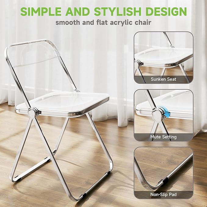 Real Relax Acrylic Folding Chairs,Foldable & Stackable Clear Chairs with Metal Chrome Frame, Indoor and Outdoor, for Home, Office, Party & Events,Set of 2,350LB,Transparent