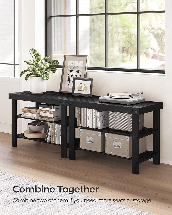 SONGMICS Shoe Rack Bench, 3-Tier Bamboo Shoe Storage Organizer, Entryway Bench, Holds Up to 286 lb, 11.3 x 27.6 x 17.8 Inches, for Entryway Bathroom Bedroom, Ink Black ULBS04H