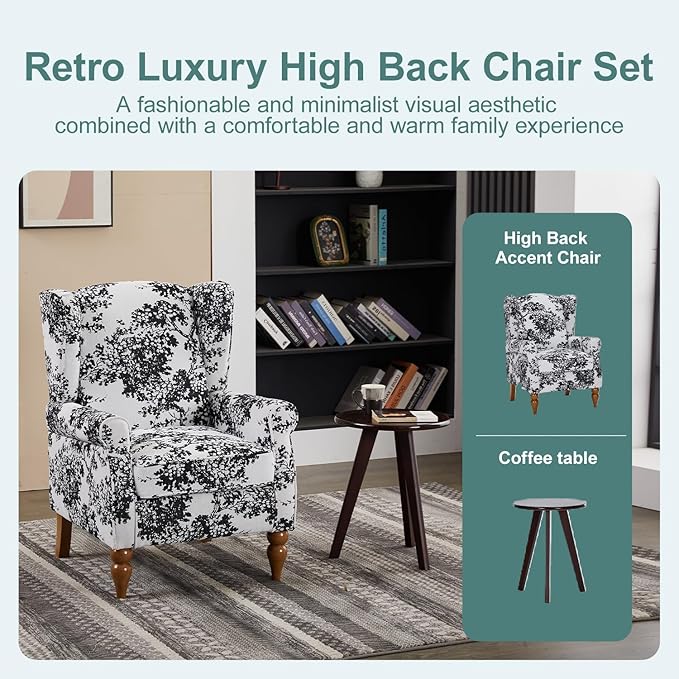 Modern High - Back Accent Chair and Side Table Set - Upholstered Wingback Armchair for Living Room, Bedroom,Office(Floral)